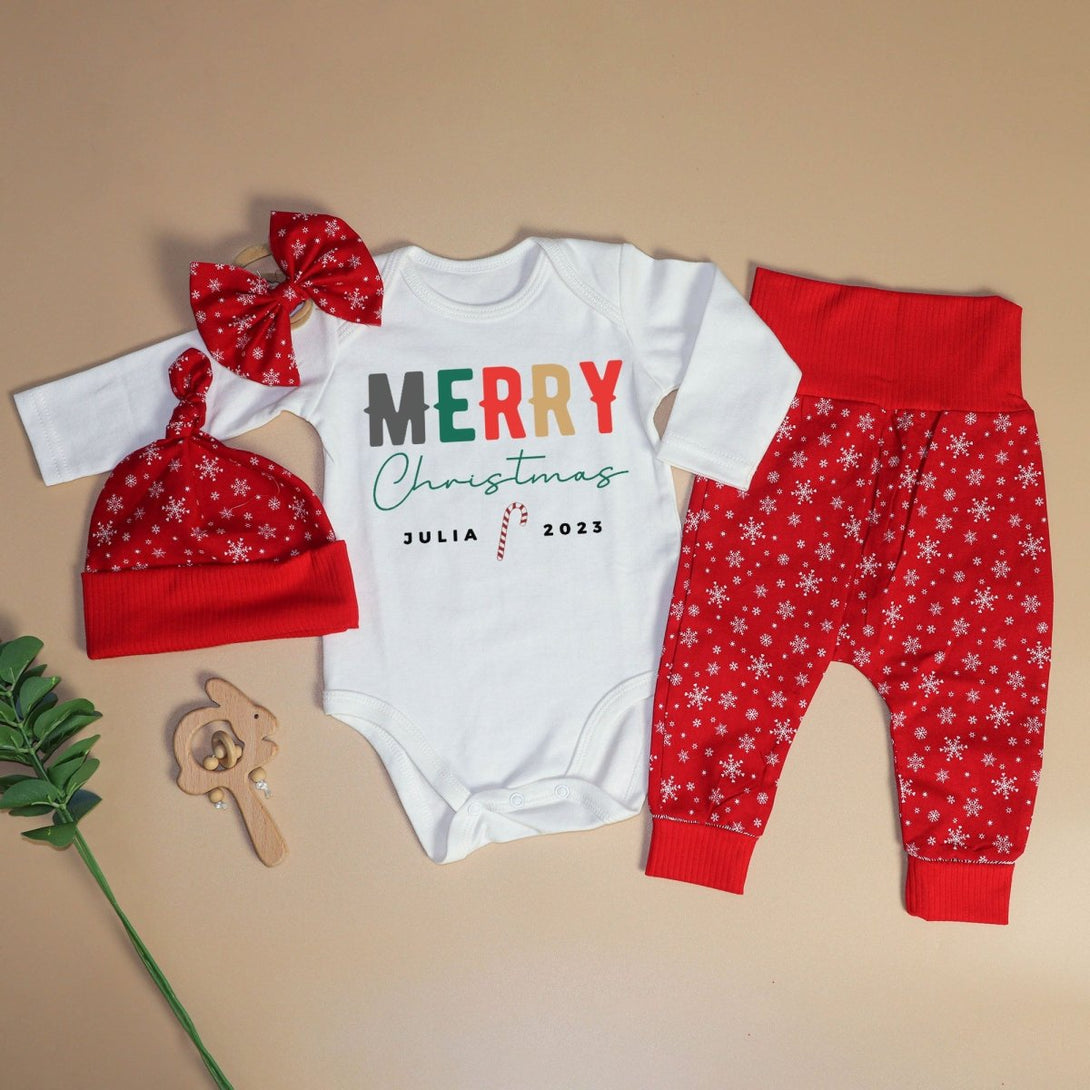 Personalized Christmas Neutral Long Sleeve Bodysuit and Long Pants Set | Custom Baby Onesies Merry Christmas Shitter's Full Baby Name - BabiChic