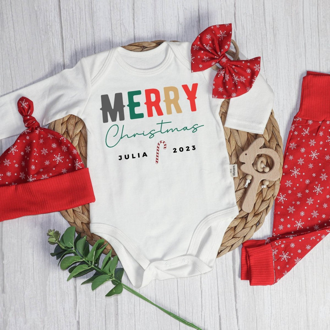 Personalized Christmas Neutral Long Sleeve Bodysuit and Long Pants Set | Custom Baby Onesies Merry Christmas Shitter's Full Baby Name - BabiChic