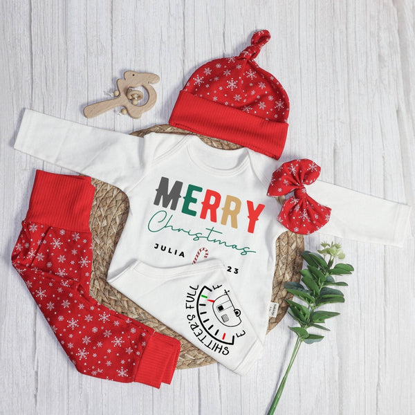 Personalized Christmas Neutral Long Sleeve Bodysuit and Long Pants Set | Custom Baby Onesies Merry Christmas Shitter's Full Baby Name - BabiChic