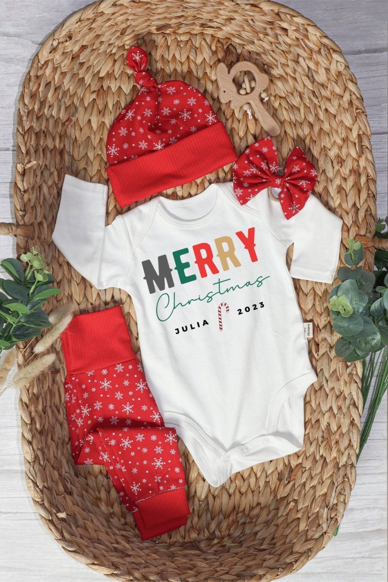 Personalized Christmas Neutral Long Sleeve Bodysuit and Long Pants Set | Custom Baby Onesies Merry Christmas Shitter's Full Baby Name - BabiChic