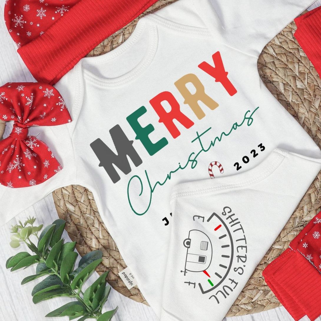 Personalized Christmas Neutral Long Sleeve Bodysuit and Long Pants Set | Custom Baby Onesies Merry Christmas Shitter's Full Baby Name - BabiChic