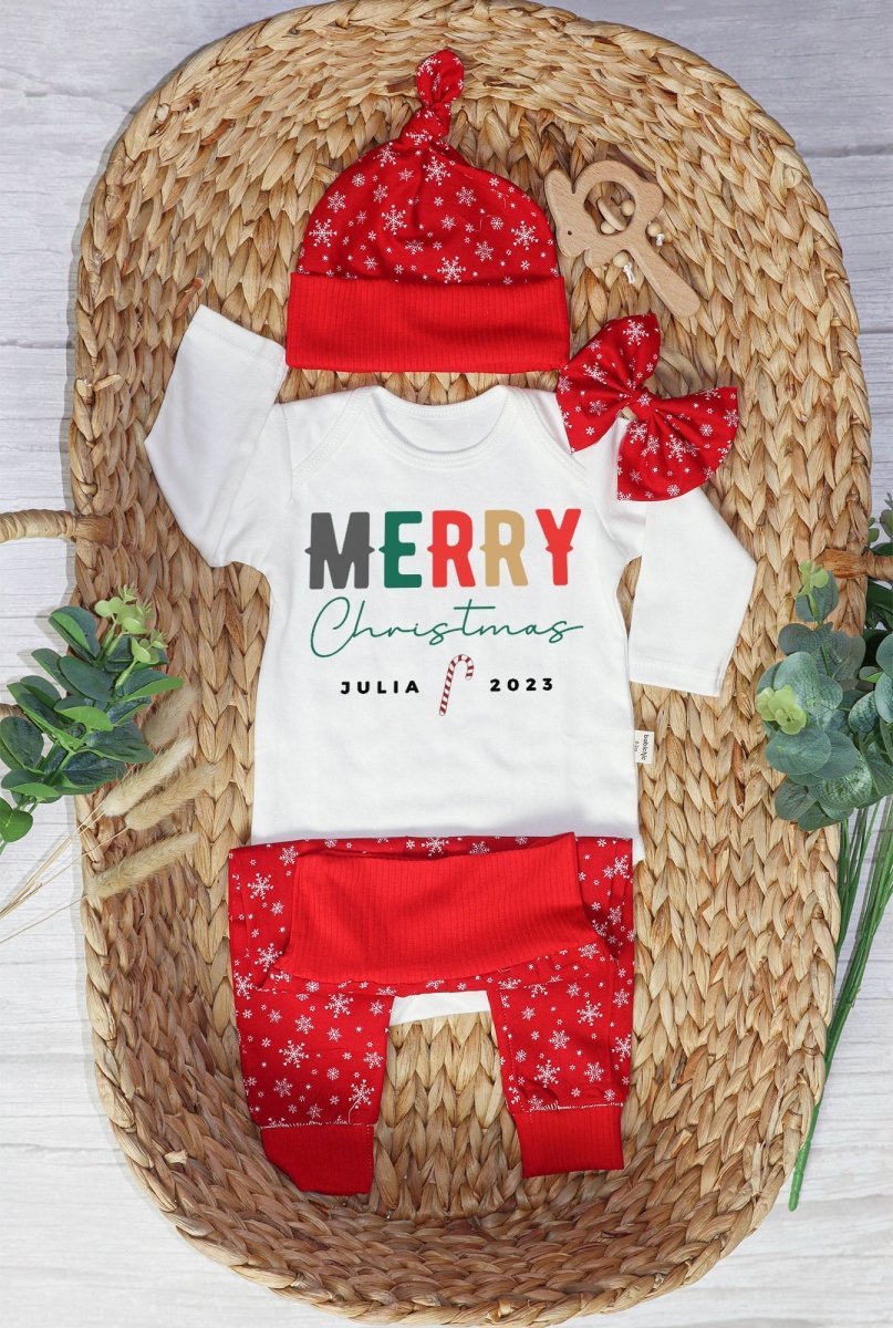 Personalized Christmas Neutral Long Sleeve Bodysuit and Long Pants Set | Custom Baby Onesies Merry Christmas Shitter's Full Baby Name - BabiChic