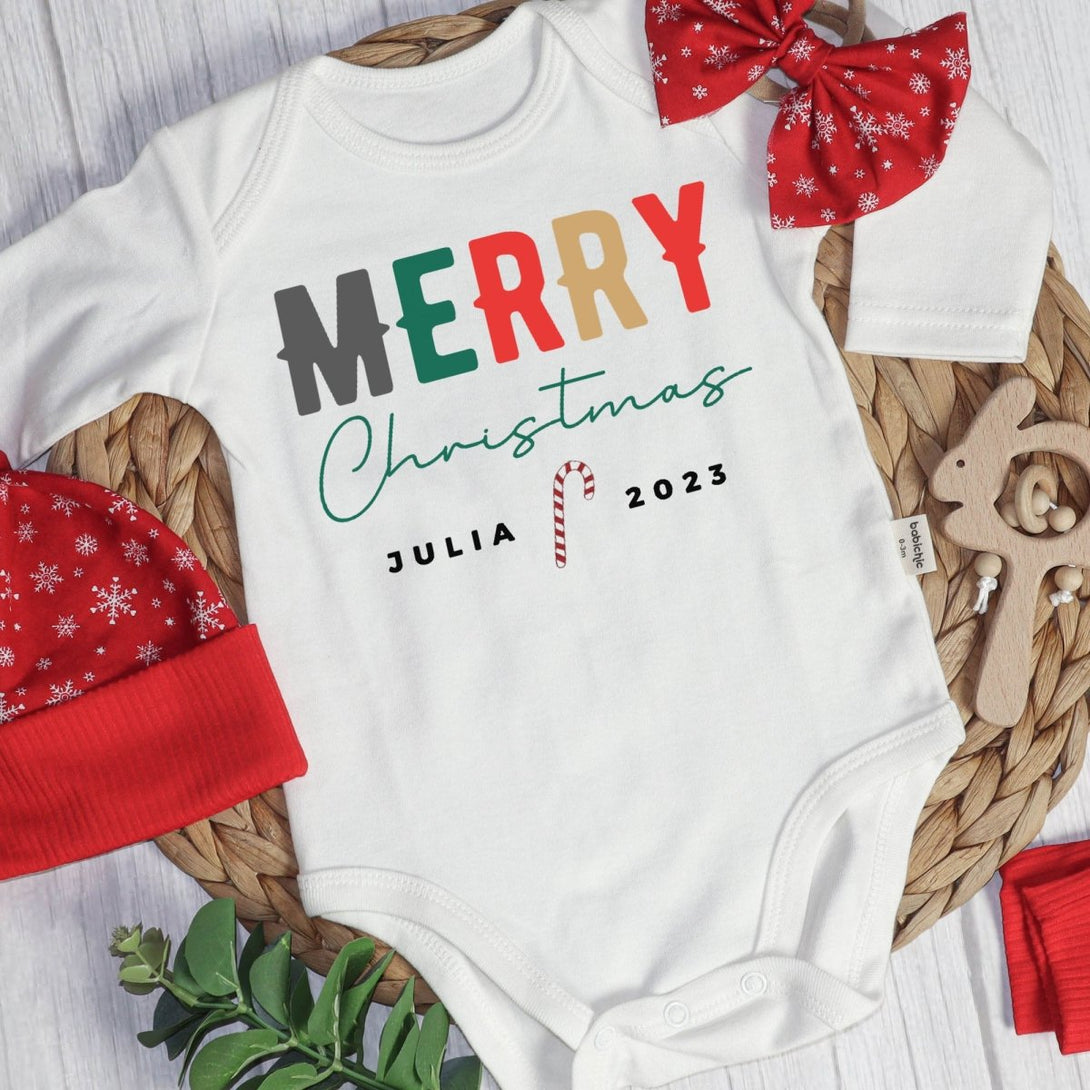 Personalized Christmas Neutral Long Sleeve Bodysuit and Long Pants Set | Custom Baby Onesies Merry Christmas Shitter's Full Baby Name - BabiChic