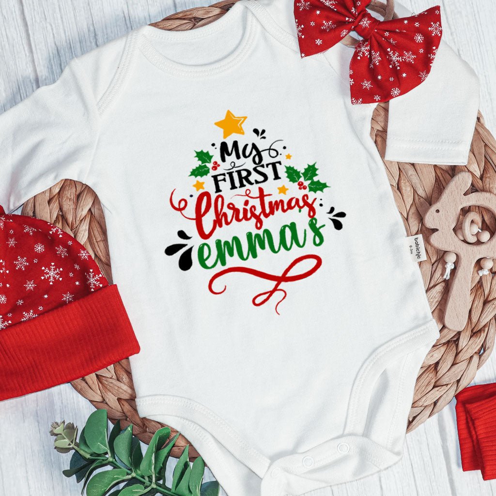 Personalized Christmas Neutral Long Sleeve Bodysuit and Long Pants Set | Custom Newborn Onesie My 1st Christmas Tree Baby Name - BabiChic