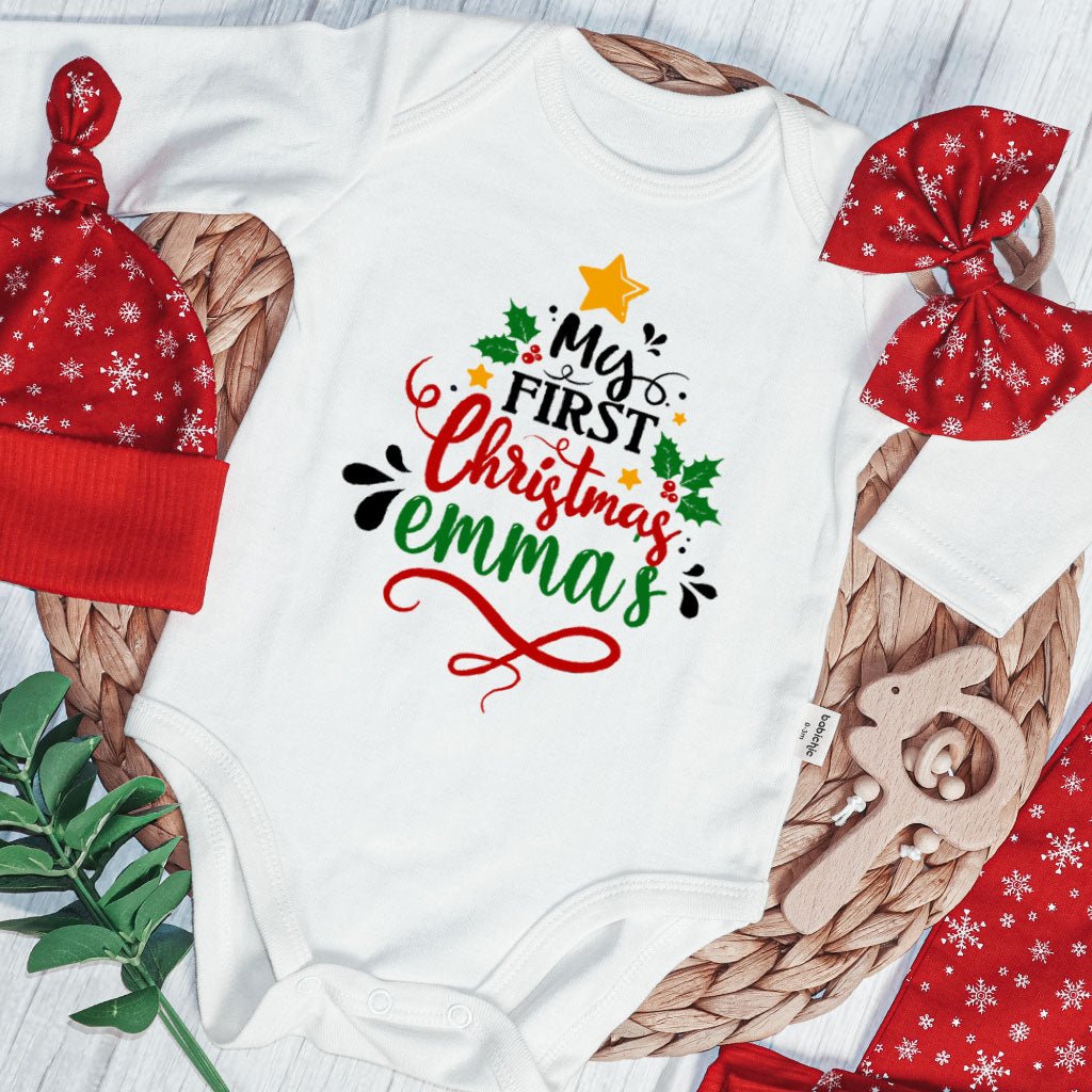 Personalized Christmas Neutral Long Sleeve Bodysuit and Long Pants Set | Custom Newborn Onesie My 1st Christmas Tree Baby Name - BabiChic