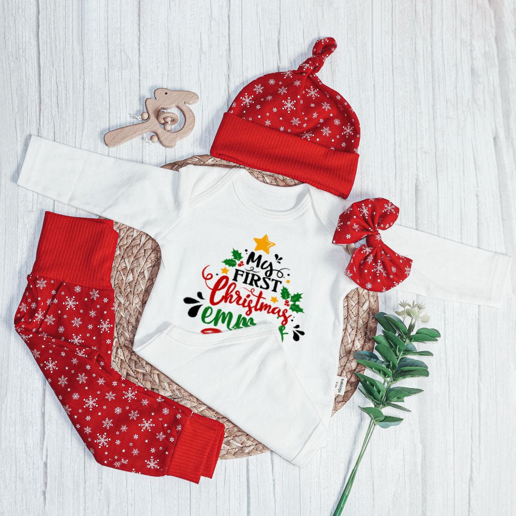 Personalized Christmas Neutral Long Sleeve Bodysuit and Long Pants Set | Custom Newborn Onesie My 1st Christmas Tree Baby Name - BabiChic