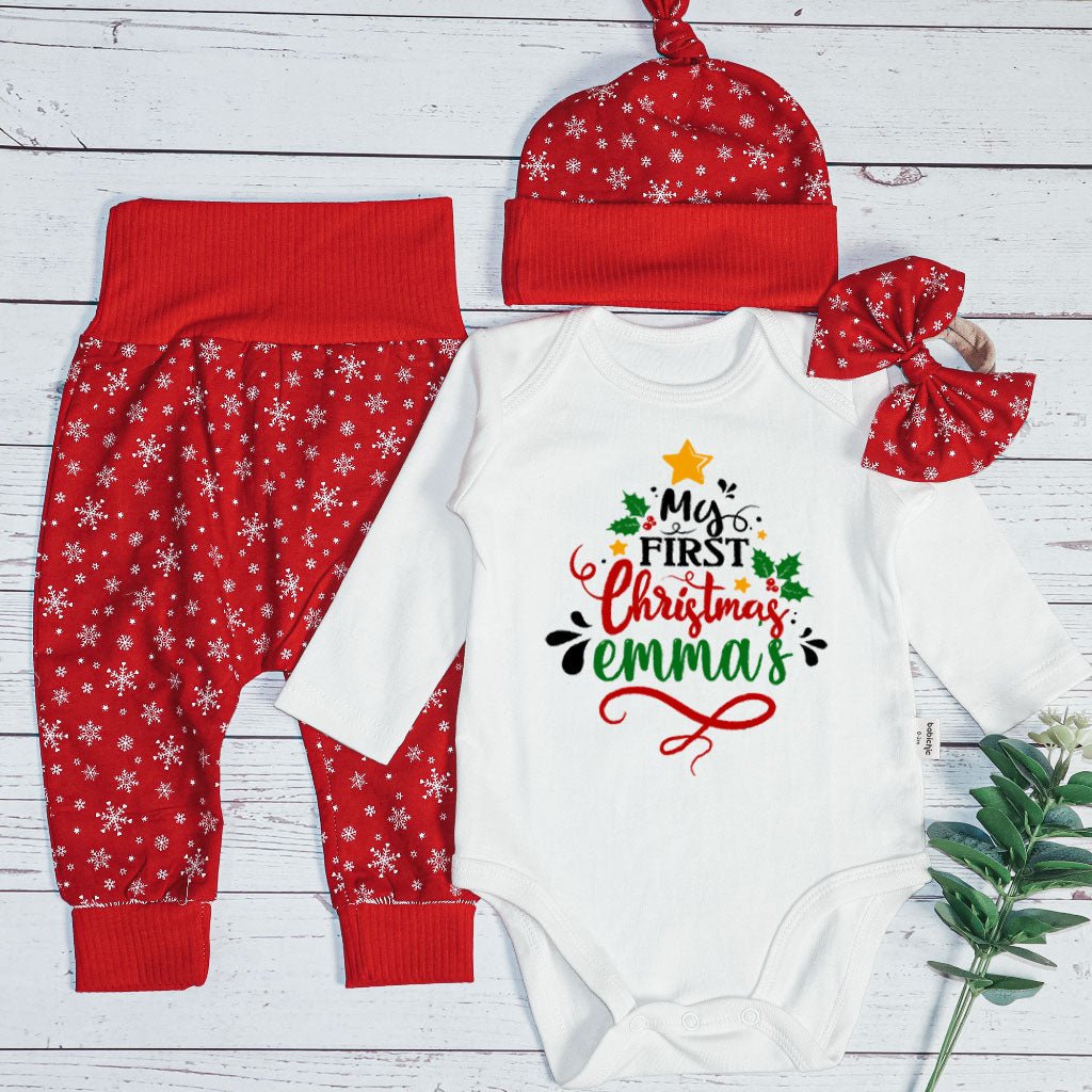 Personalized Christmas Neutral Long Sleeve Bodysuit and Long Pants Set | Custom Newborn Onesie My 1st Christmas Tree Baby Name - BabiChic