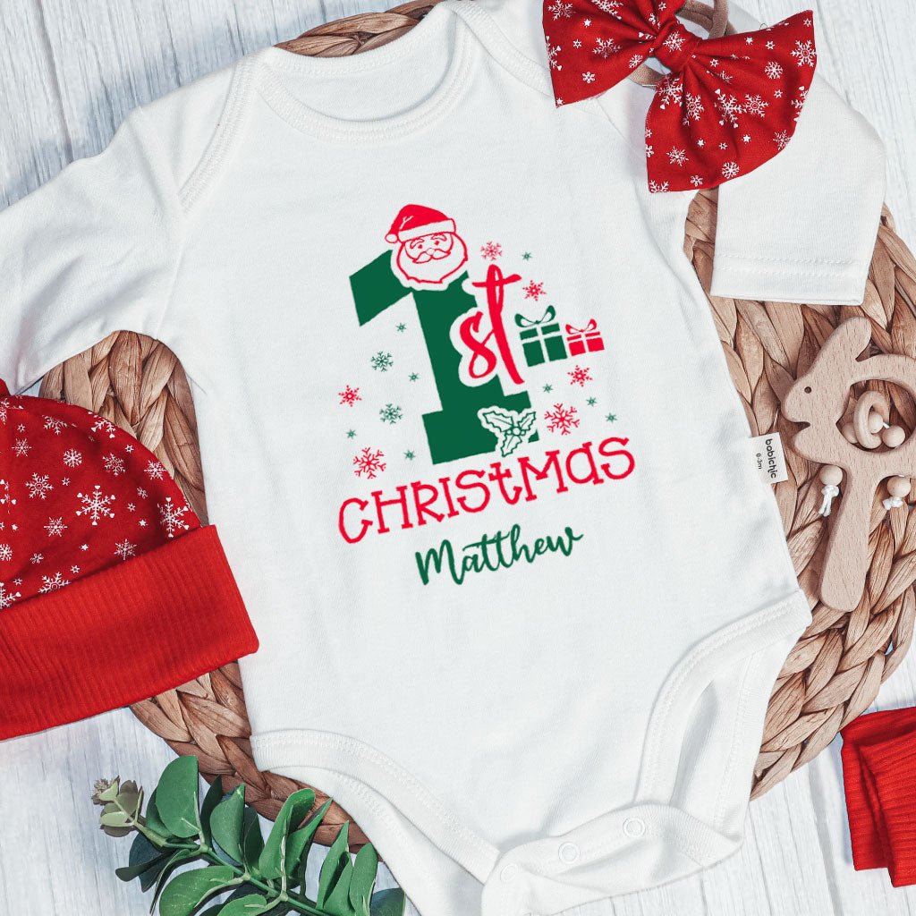 Personalized Christmas Neutral Newborn Onesies and Long Pants Set | White Infant Bodysuit My 1st Christmas Jolly Santa Baby Name - BabiChic