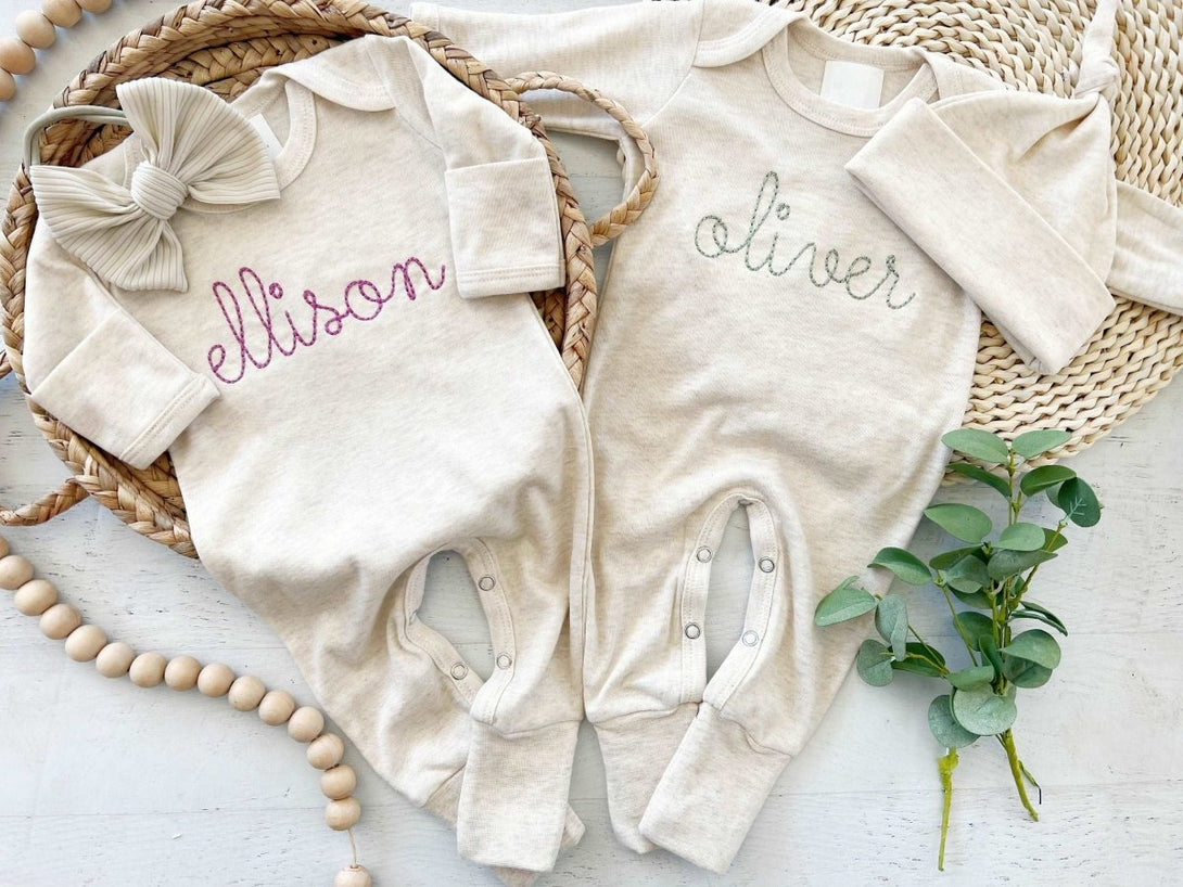 Personalized Embroidered Name Baby Winter Romper Boy Girl Twin Going Home Outfits, Twin Baby Outfit, Baby Shower Gift - BabiChic