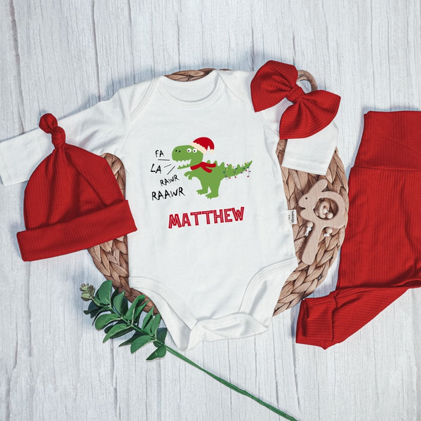 Personalized Fa La Rawr Rawr Dinosaur Christmas Baby Onesie and Long Pants Set | Custom Christmas T-Rex Baby Bodysuit - BabiChic