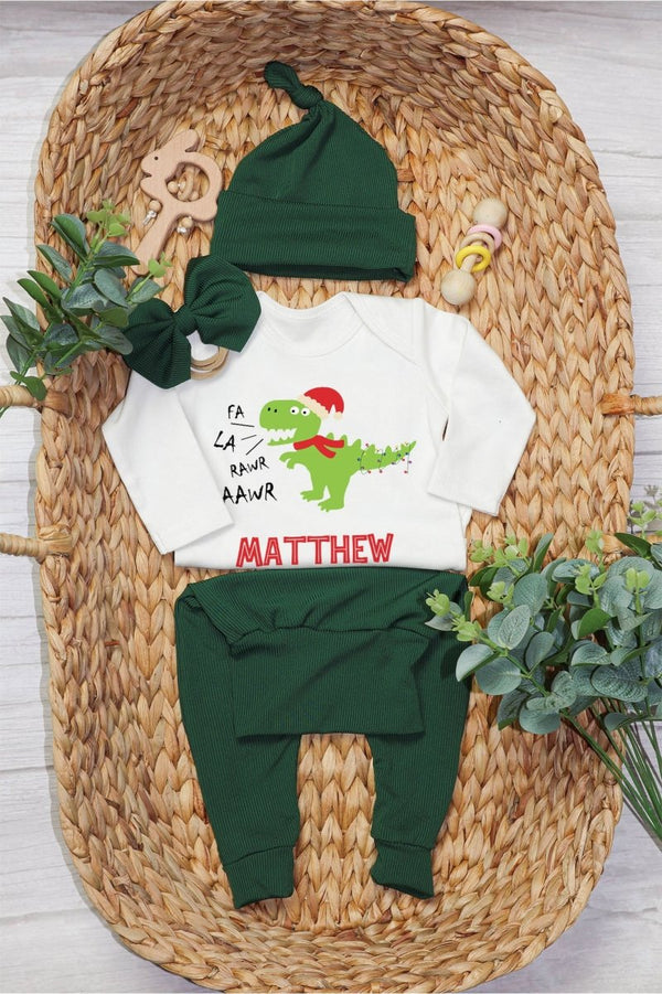 Personalized Fa La Rawr Rawr Dinosaur Christmas Baby Onesie and Long Pants Set | Custom Christmas T-Rex Baby Bodysuit - BabiChic