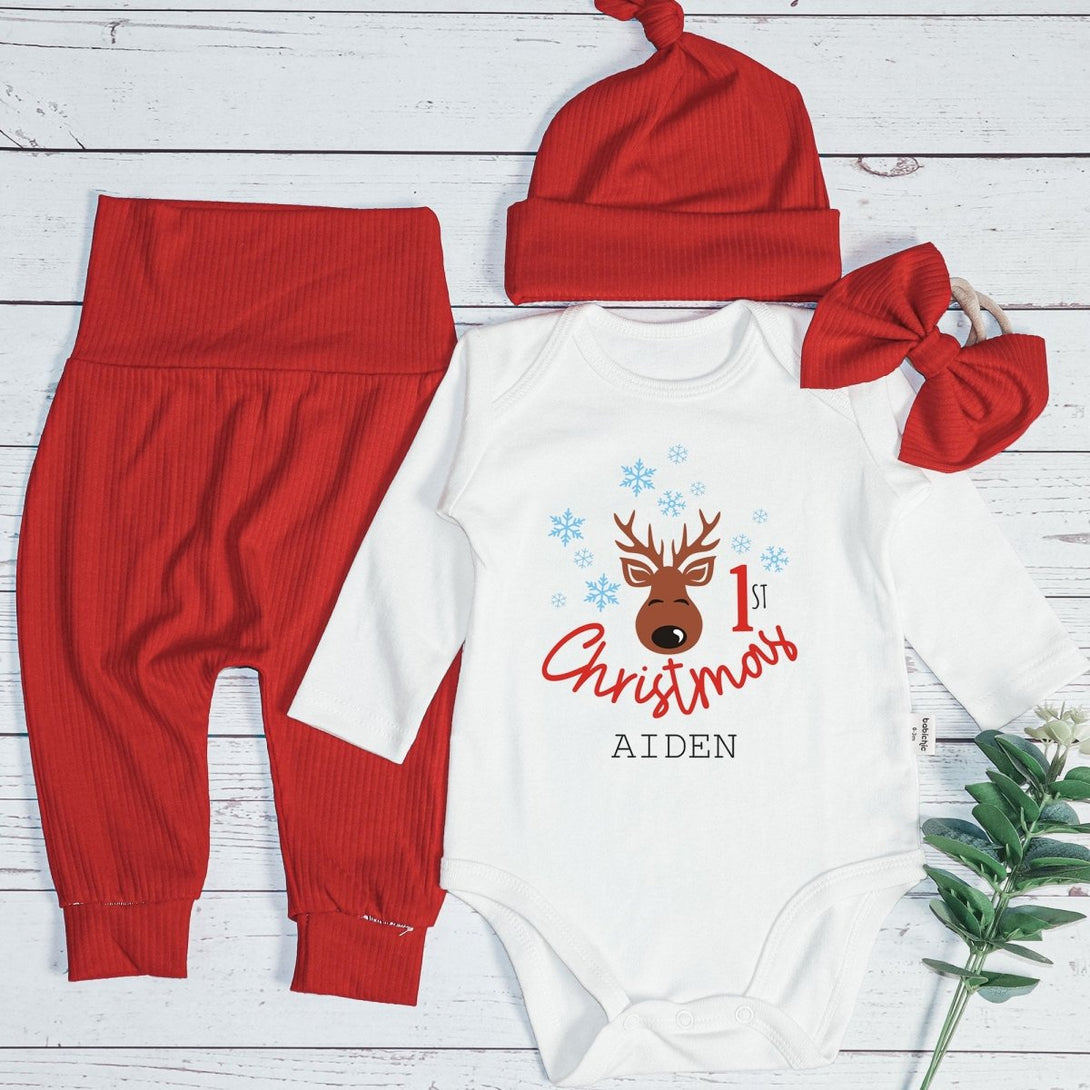 Personalized First Christmas Baby Onesie and Long Pants Set | Custom Cute Reindeer Newborn Bodysuit - BabiChic