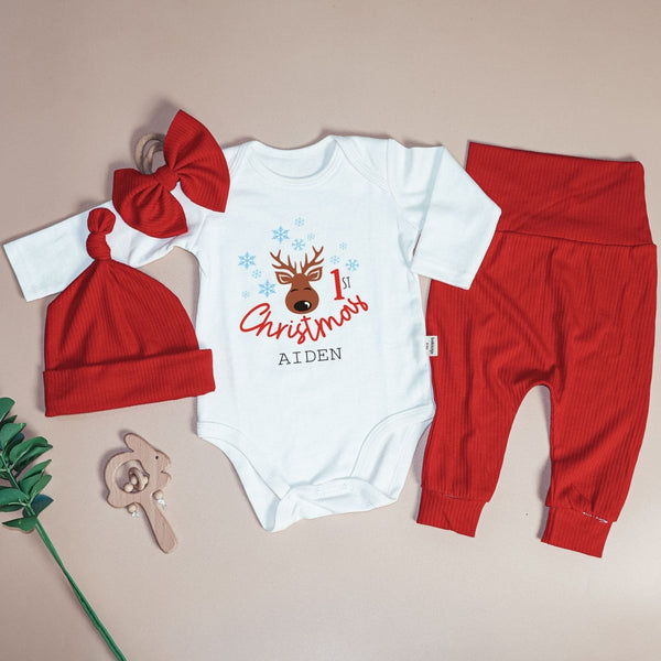 Personalized First Christmas Baby Onesie and Long Pants Set | Custom Cute Reindeer Newborn Bodysuit - BabiChic