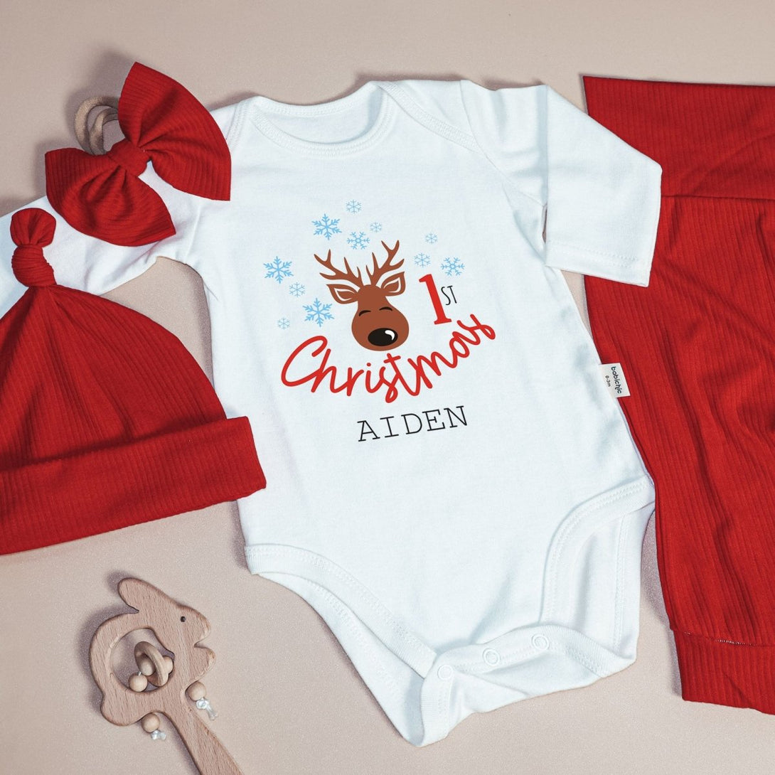 Personalized First Christmas Baby Onesie and Long Pants Set | Custom Cute Reindeer Newborn Bodysuit - BabiChic