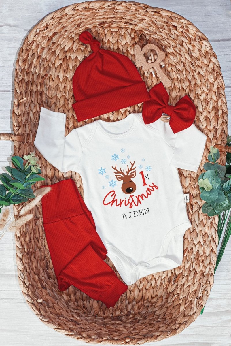 Personalized First Christmas Baby Onesie and Long Pants Set | Custom Cute Reindeer Newborn Bodysuit - BabiChic