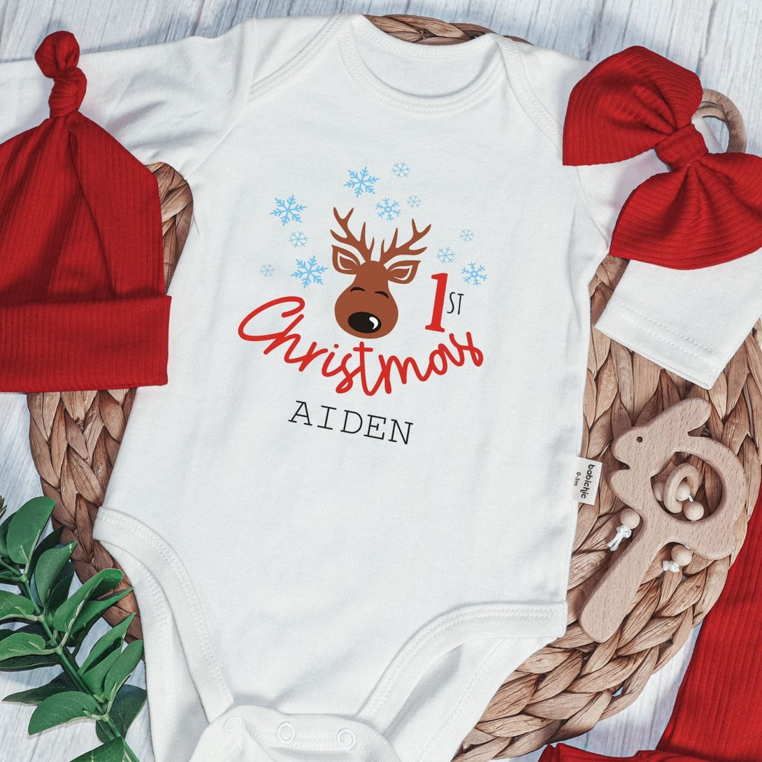 Personalized First Christmas Baby Onesie and Long Pants Set | Custom Cute Reindeer Newborn Bodysuit - BabiChic