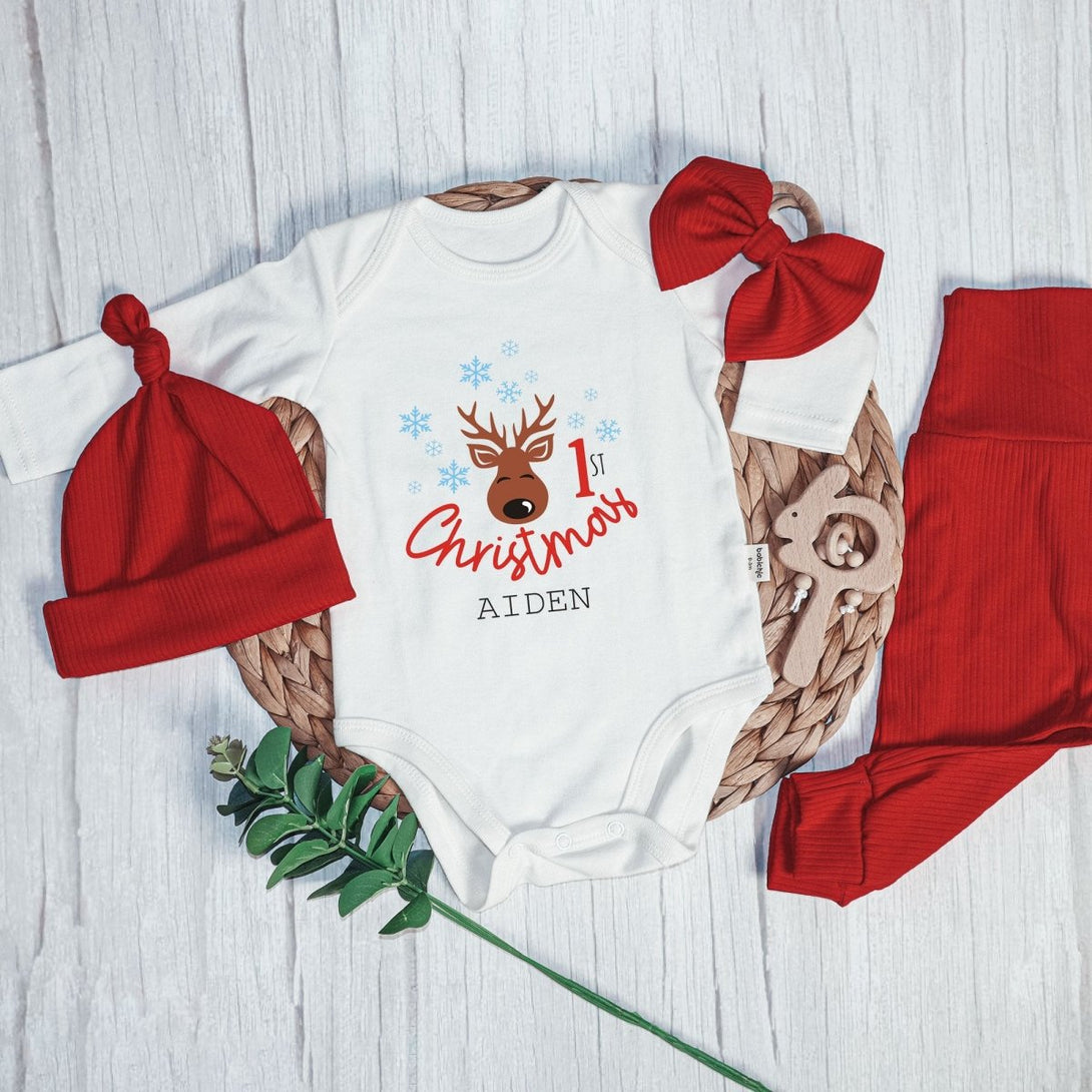 Personalized First Christmas Baby Onesie and Long Pants Set | Custom Cute Reindeer Newborn Bodysuit - BabiChic