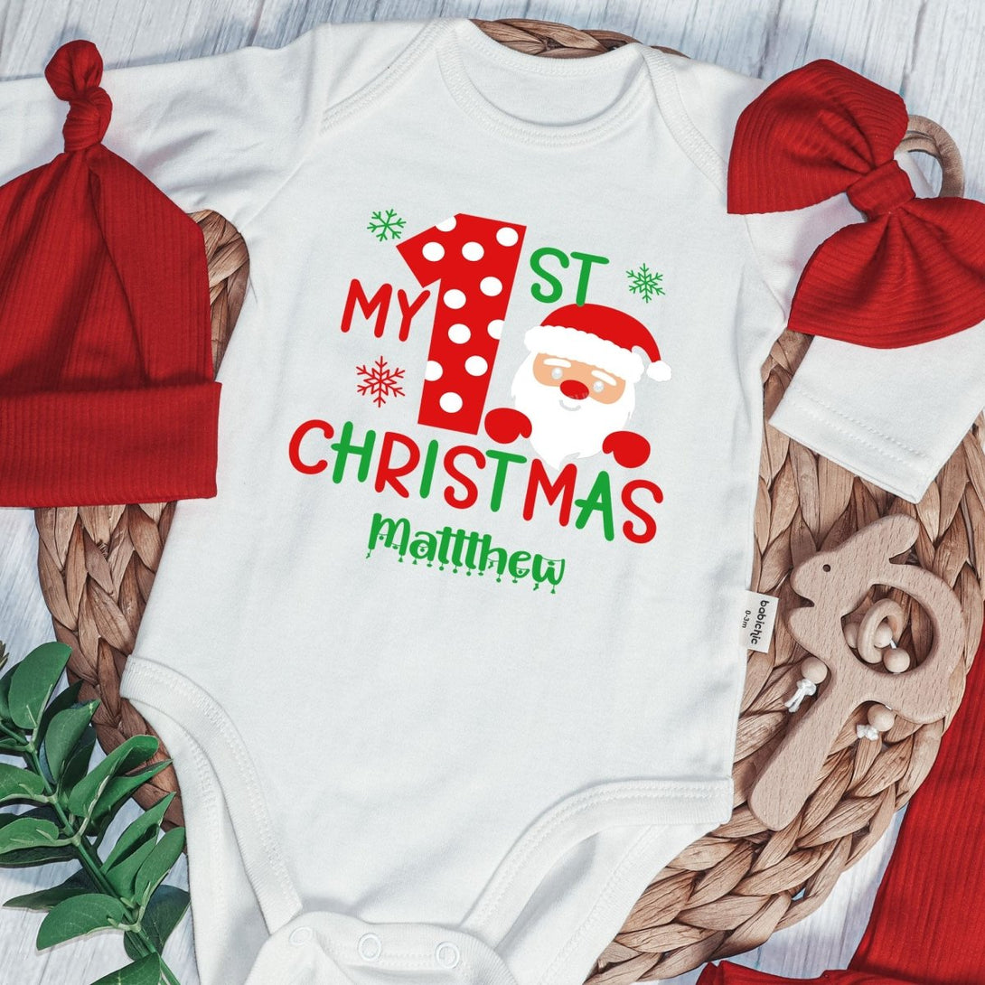 Personalized First Christmas Baby Onesie and Long Pants Set | My 1st Christmas with Santa Bodysuit - BabiChic