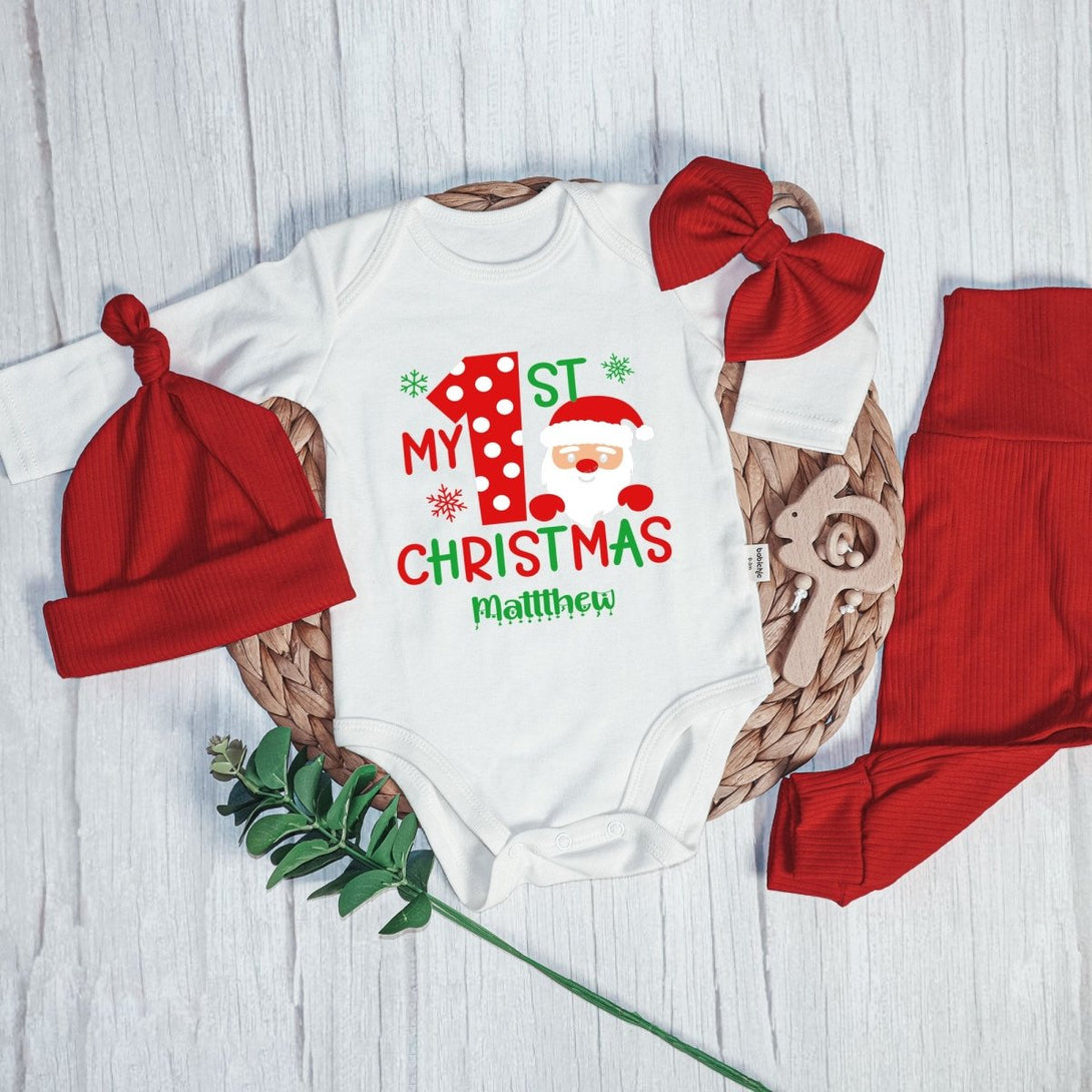 Personalized First Christmas Baby Onesie and Long Pants Set | My 1st Christmas with Santa Bodysuit - BabiChic