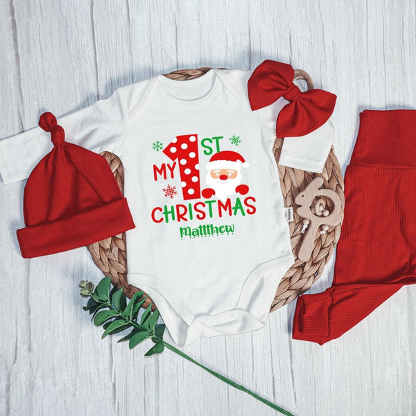 Personalized First Christmas Baby Onesie and Long Pants Set | My 1st Christmas with Santa Bodysuit - BabiChic