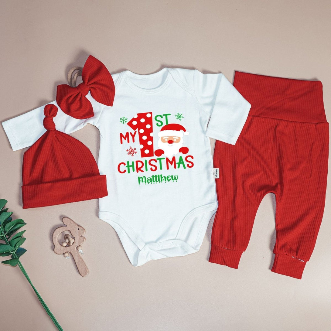 Personalized First Christmas Baby Onesie and Long Pants Set | My 1st Christmas with Santa Bodysuit - BabiChic