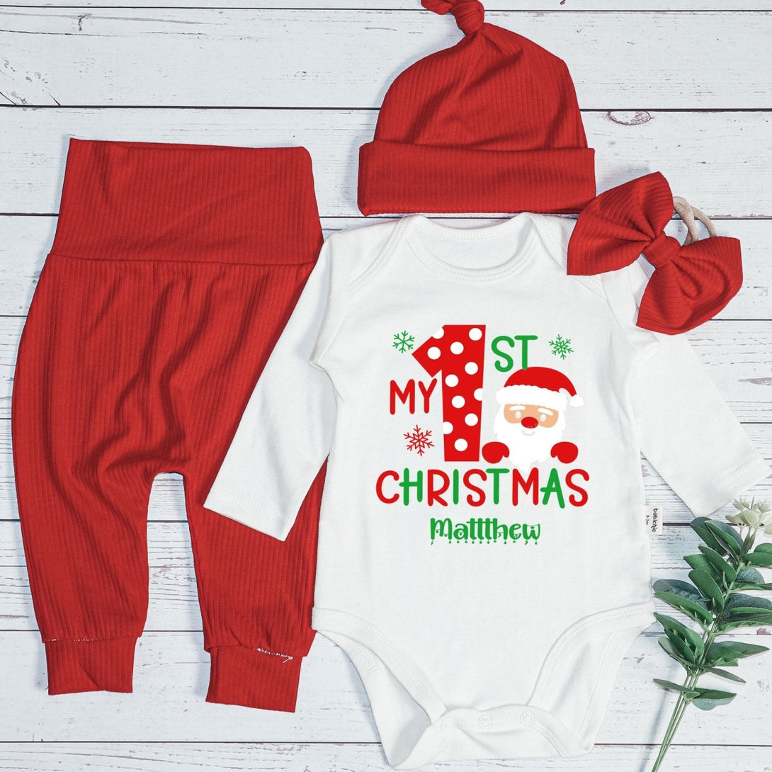 Personalized First Christmas Baby Onesie and Long Pants Set | My 1st Christmas with Santa Bodysuit - BabiChic