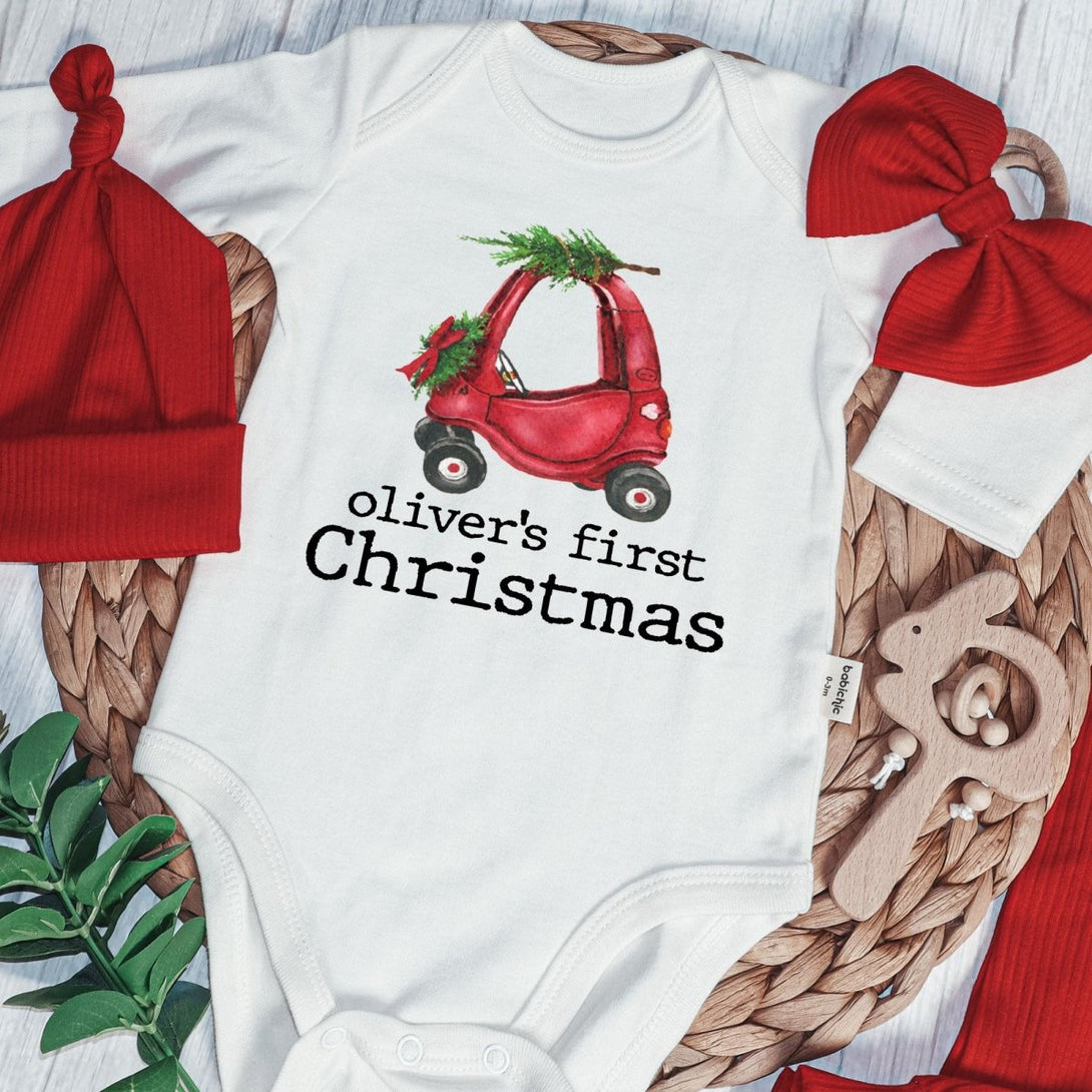 Personalized First Christmas Truck Onesie and Long Pants Set | Custom Pedal Car Christmas Baby Bodysuit - BabiChic