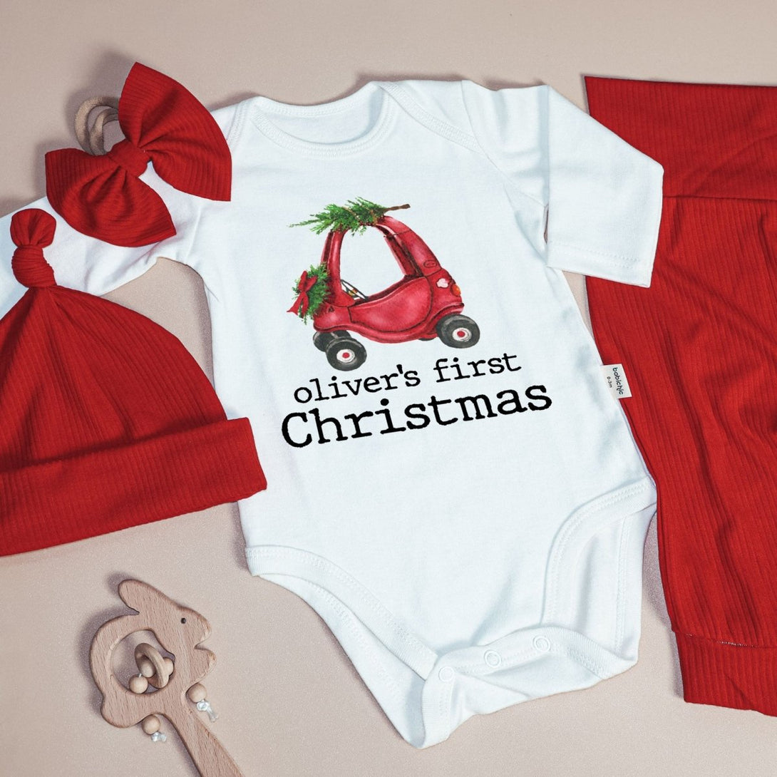 Personalized First Christmas Truck Onesie and Long Pants Set | Custom Pedal Car Christmas Baby Bodysuit - BabiChic