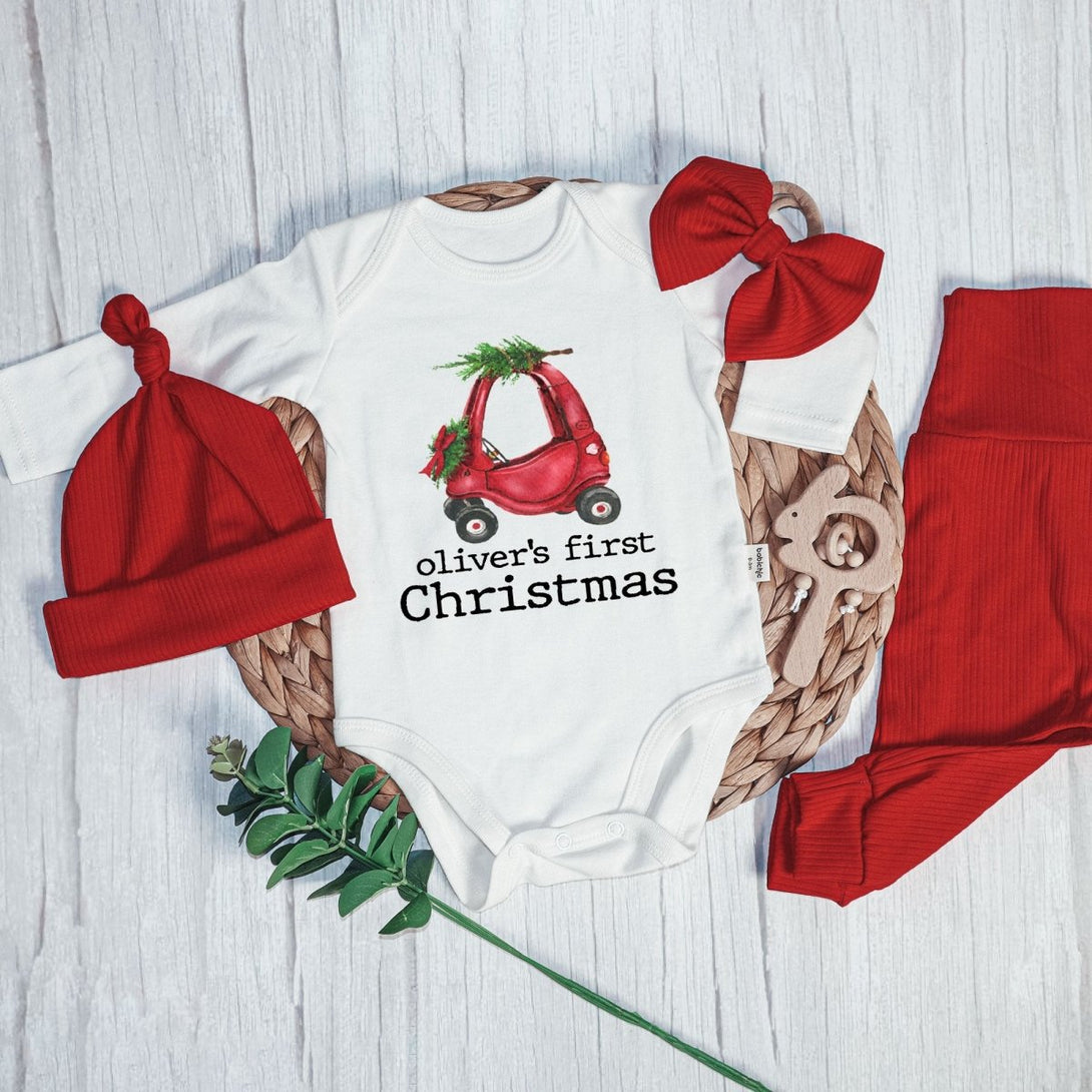 Personalized First Christmas Truck Onesie and Long Pants Set | Custom Pedal Car Christmas Baby Bodysuit - BabiChic