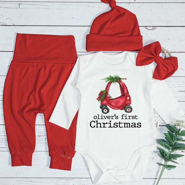 Personalized First Christmas Truck Onesie and Long Pants Set | Custom Pedal Car Christmas Baby Bodysuit - BabiChic
