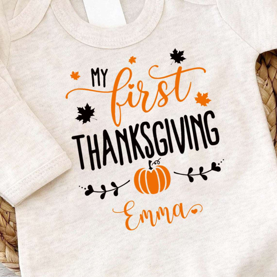 Personalized First Thanksgiving Neutral Romper – Baby Little Turkey Onesies, Retro Style - BabiChic