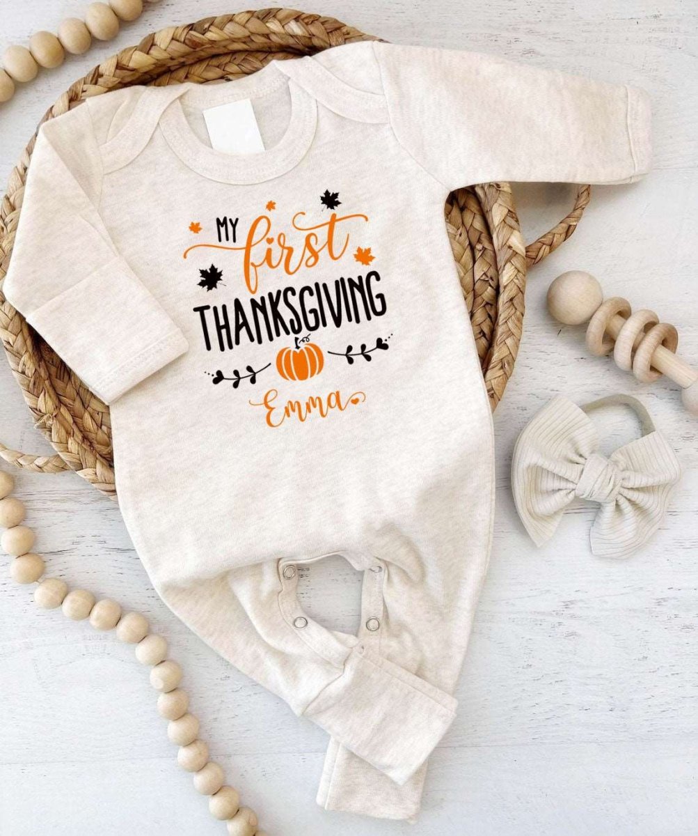 Personalized First Thanksgiving Neutral Romper – Baby Little Turkey Onesies, Retro Style - BabiChic