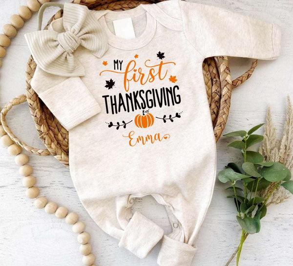 Personalized First Thanksgiving Neutral Romper – Baby Little Turkey Onesies, Retro Style - BabiChic