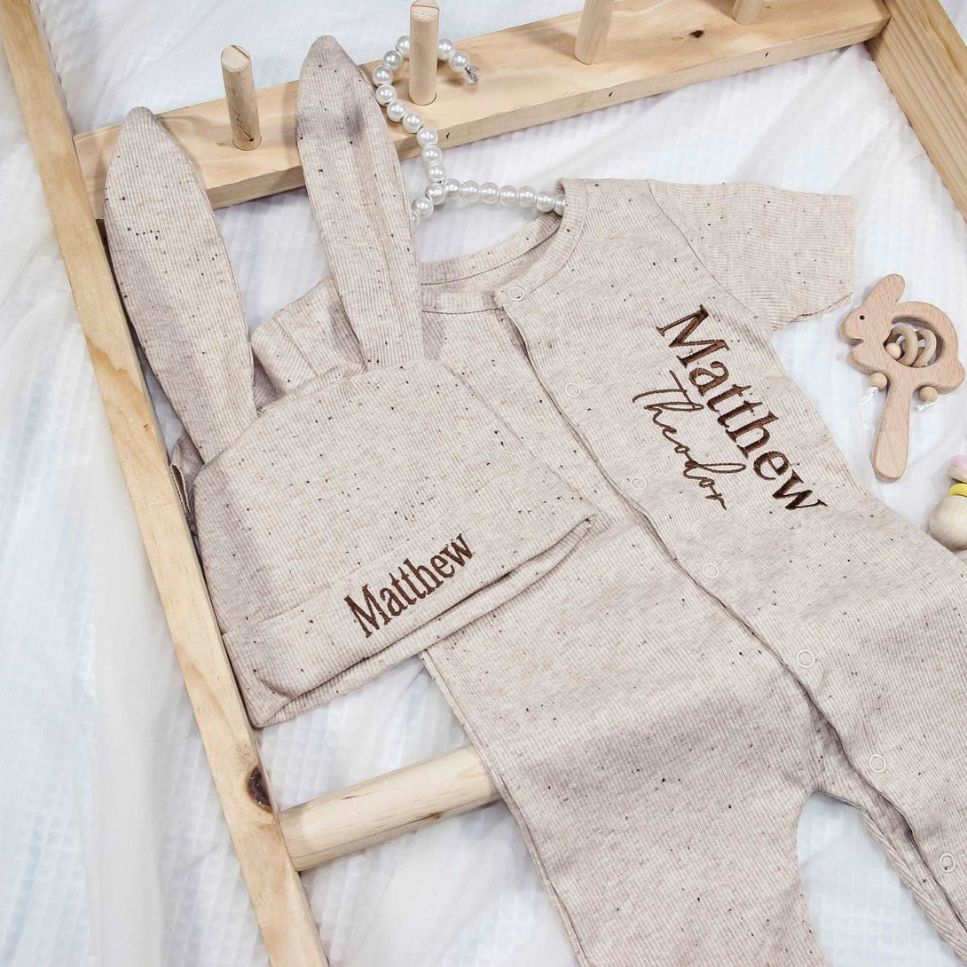 Personalized Gender Neutral Baby Romper Outfit & Ear Rabbit Hat Set, Embroidered Name Baby Must Haves For Family Gatherings Outfit - BabiChic