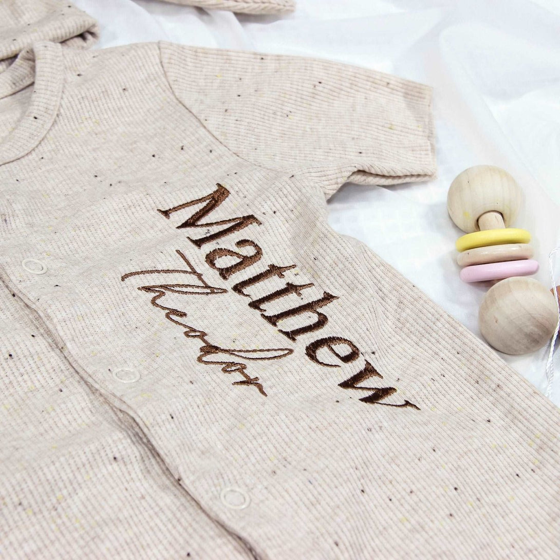 Personalized Gender Neutral Baby Romper Outfit & Ear Rabbit Hat Set, Embroidered Name Baby Must Haves For Family Gatherings Outfit - BabiChic