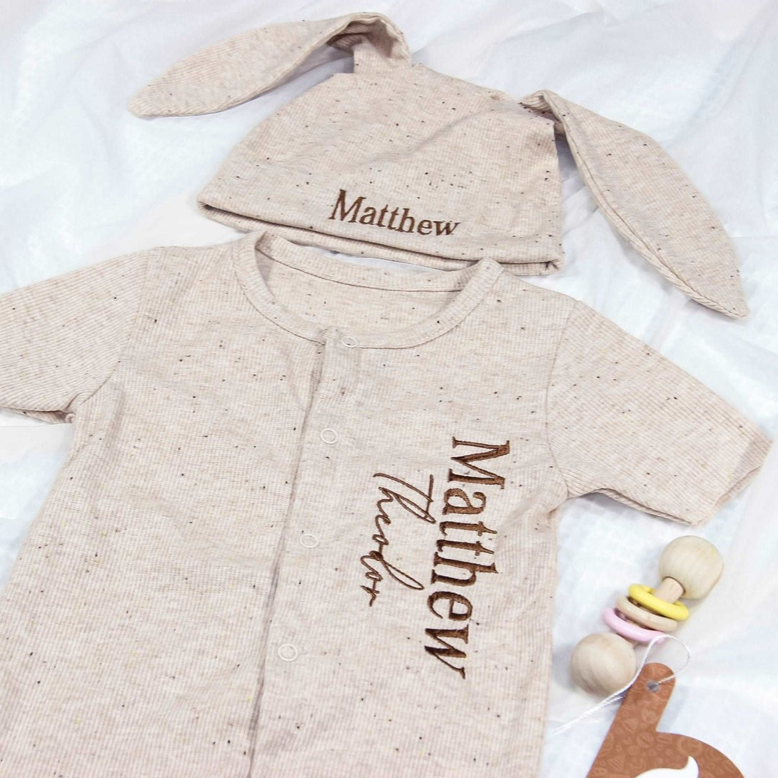 Personalized Gender Neutral Baby Romper Outfit & Ear Rabbit Hat Set, Embroidered Name Baby Must Haves For Family Gatherings Outfit - BabiChic