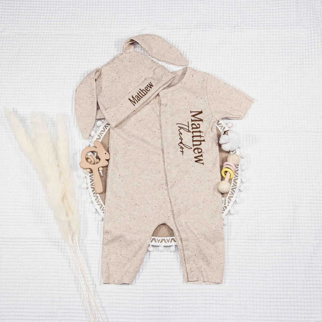 Personalized Gender Neutral Baby Romper Outfit & Ear Rabbit Hat Set, Embroidered Name Baby Must Haves For Family Gatherings Outfit - BabiChic