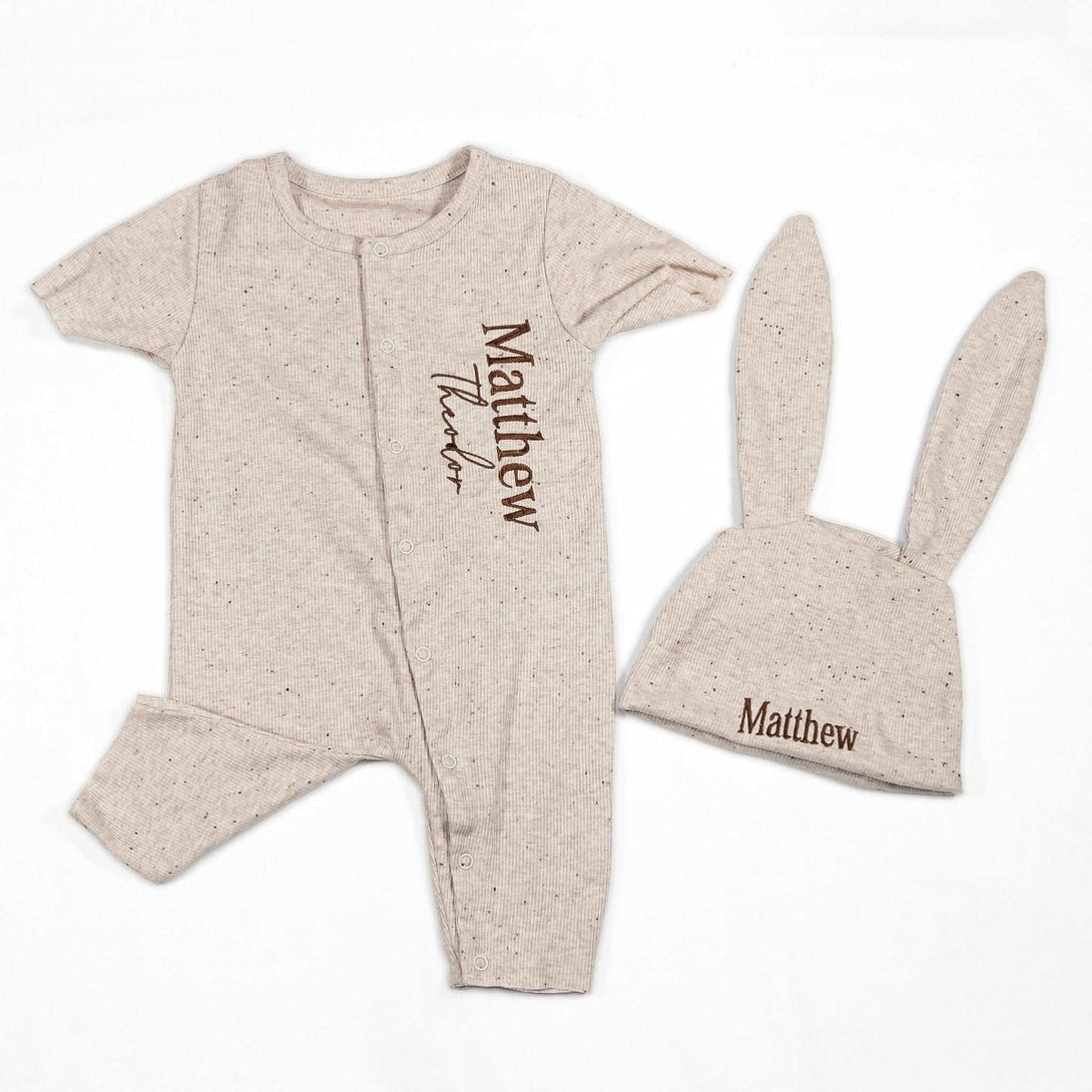 Personalized Gender Neutral Baby Romper Outfit & Ear Rabbit Hat Set, Embroidered Name Baby Must Haves For Family Gatherings Outfit - BabiChic