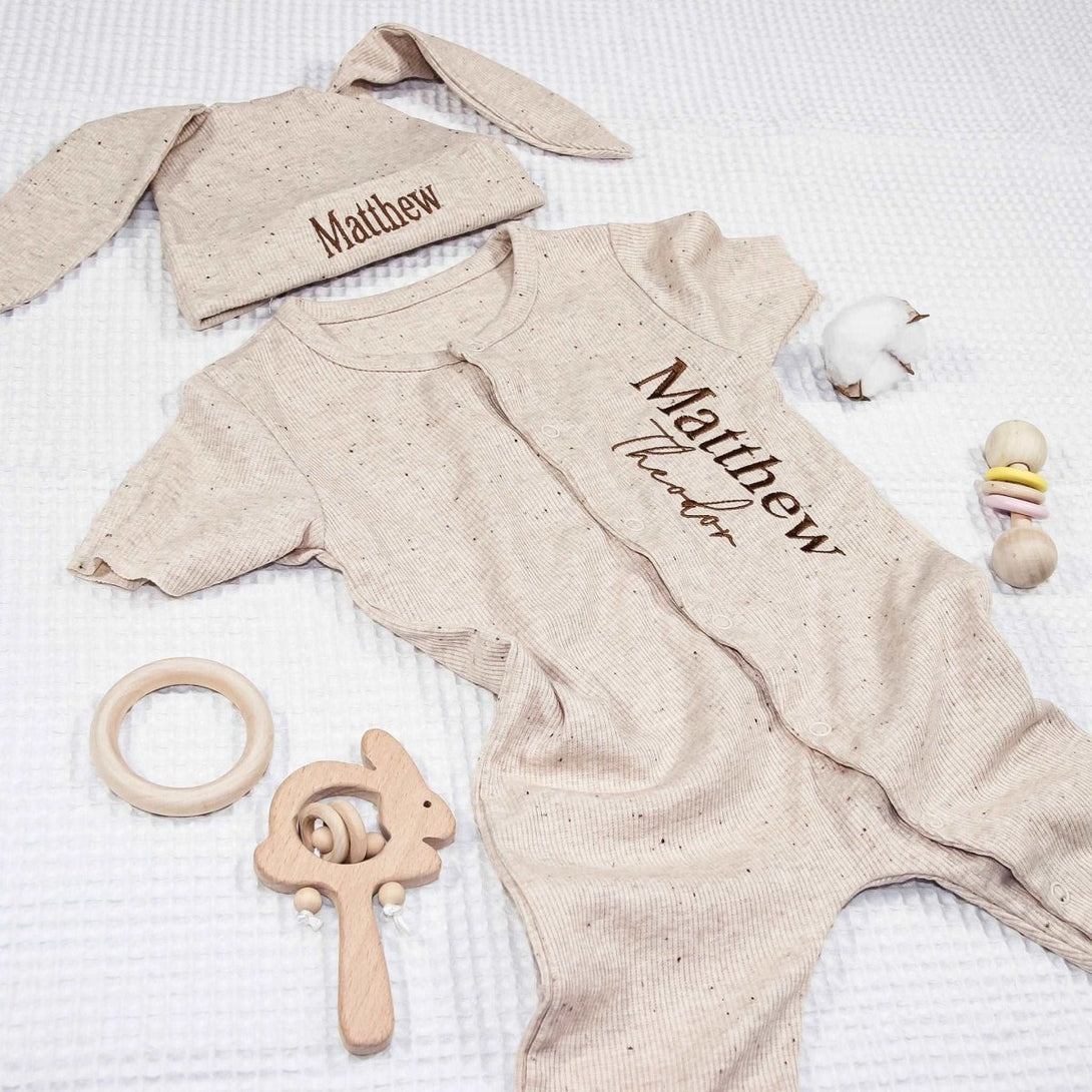 Personalized Gender Neutral Baby Romper Outfit & Ear Rabbit Hat Set, Embroidered Name Baby Must Haves For Family Gatherings Outfit - BabiChic