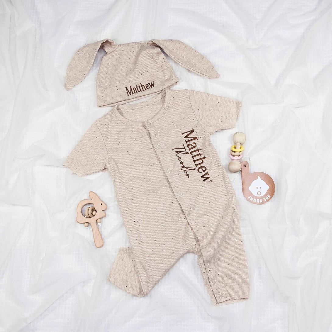 Personalized Gender Neutral Baby Romper Outfit & Ear Rabbit Hat Set, Embroidered Name Baby Must Haves For Family Gatherings Outfit - BabiChic