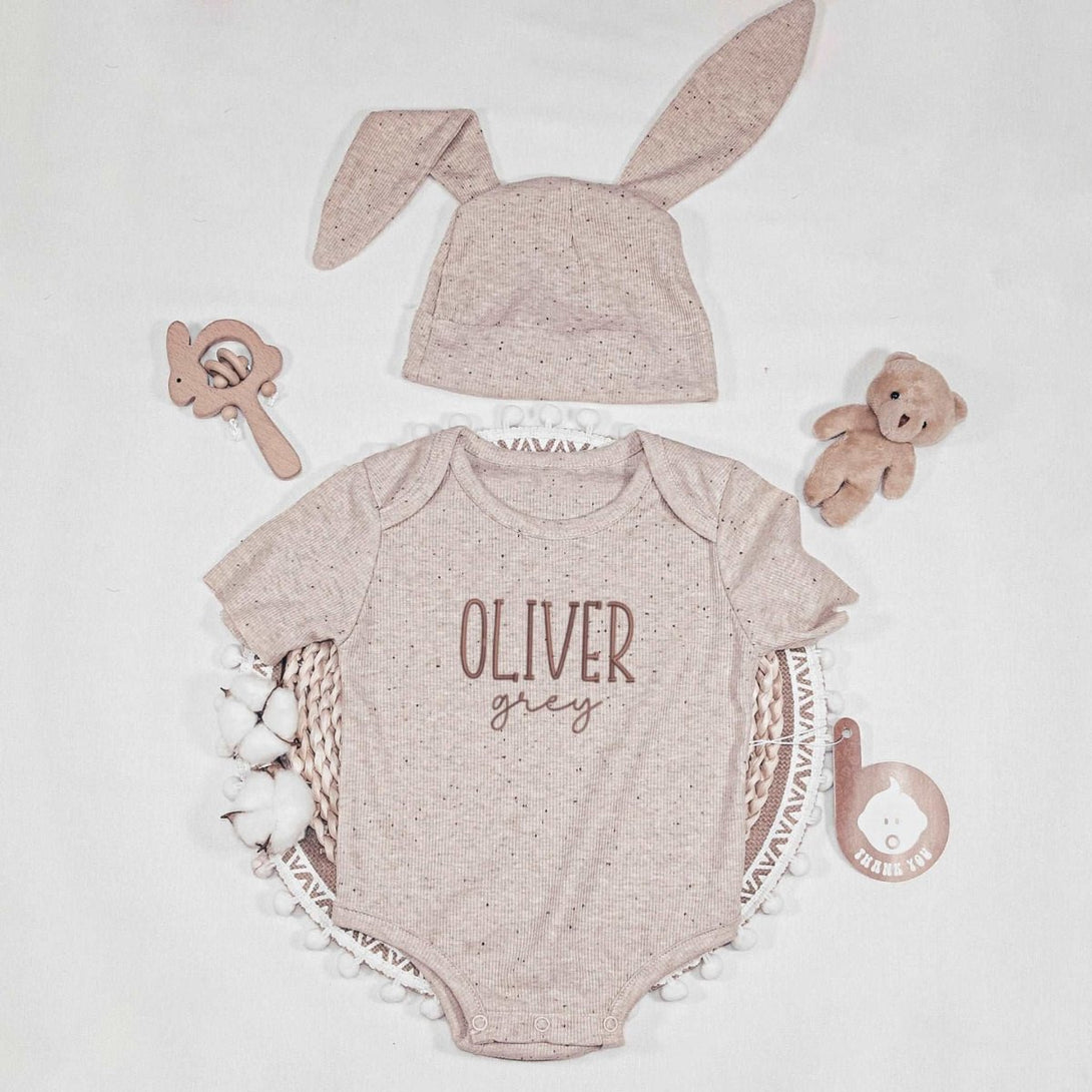 Personalized Gender Neutral Onesies Outfit & Ear Rabbit Hat Set, Embroidered Name Baby Must Haves For Family Gatherings Outfit - BabiChic