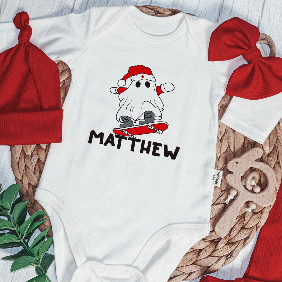 Personalized Ghost Creep It Reel Christmas Baby Boy Onesie and Long Pants Set | Custom Newborn Boo Christmas Bodysuit - BabiChic