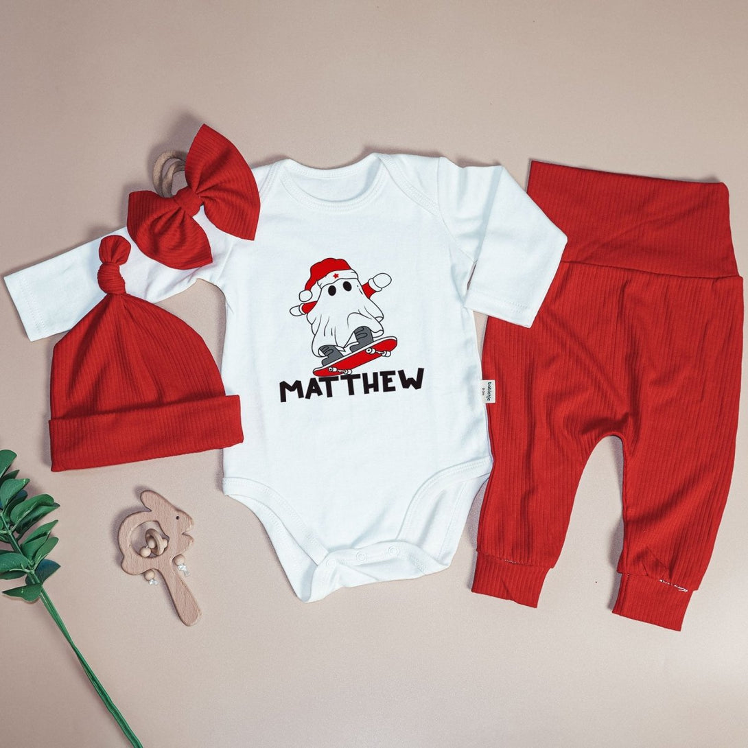 Personalized Ghost Creep It Reel Christmas Baby Boy Onesie and Long Pants Set | Custom Newborn Boo Christmas Bodysuit - BabiChic