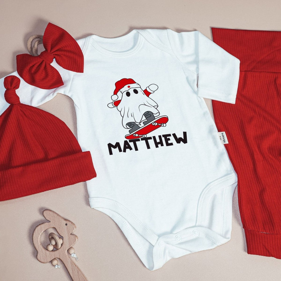 Personalized Ghost Creep It Reel Christmas Baby Boy Onesie and Long Pants Set | Custom Newborn Boo Christmas Bodysuit - BabiChic