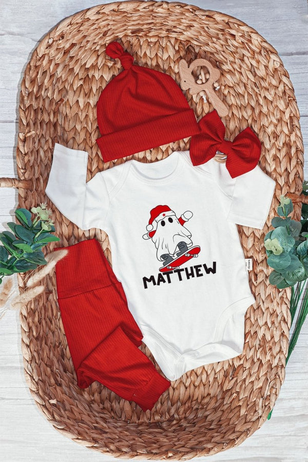 Personalized Ghost Creep It Reel Christmas Baby Boy Onesie and Long Pants Set | Custom Newborn Boo Christmas Bodysuit - BabiChic