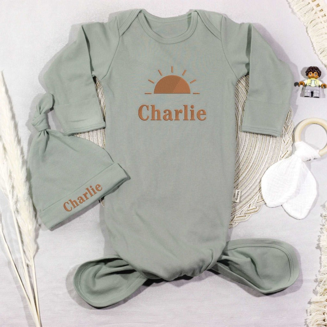 Personalized Knotted Gown Baby Clothes Must Haves, Coming Home Outfit, Baby Walking Outfit, Family Gatherings - Embroidered Baby's Name & Sunshine - BabiChic