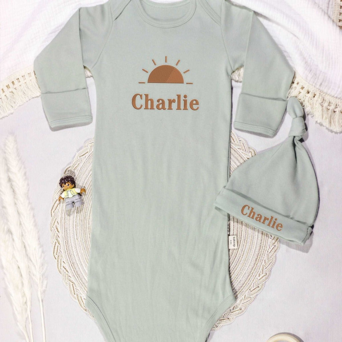 Personalized Knotted Gown Baby Clothes Must Haves, Coming Home Outfit, Baby Walking Outfit, Family Gatherings - Embroidered Baby's Name & Sunshine - BabiChic