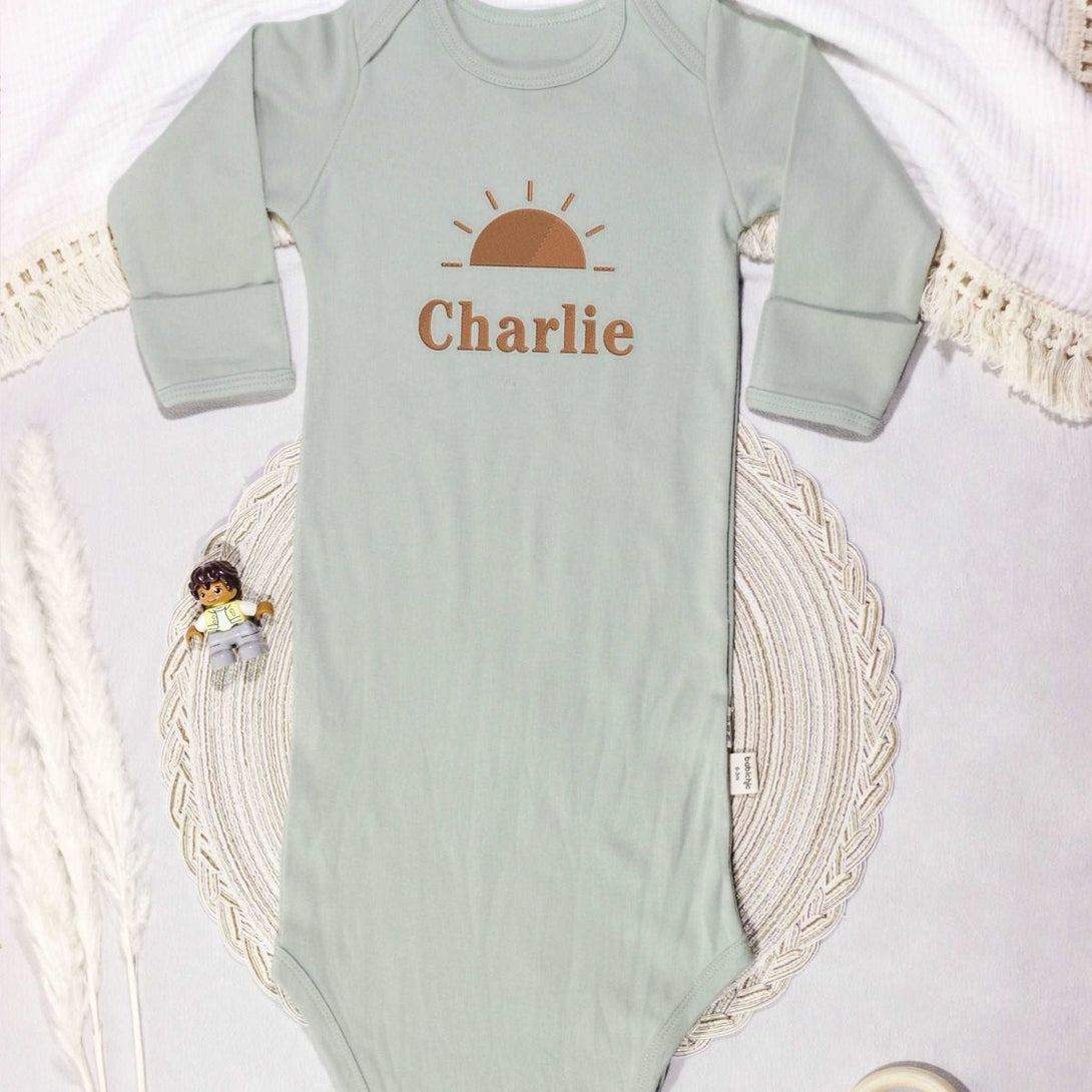 Personalized Knotted Gown Baby Clothes Must Haves, Coming Home Outfit, Baby Walking Outfit, Family Gatherings - Embroidered Baby's Name & Sunshine - BabiChic