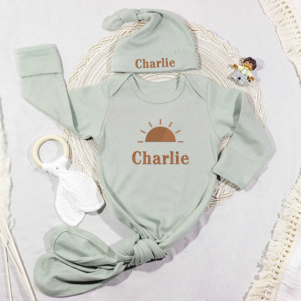 Personalized Knotted Gown Baby Clothes Must Haves, Coming Home Outfit, Baby Walking Outfit, Family Gatherings - Embroidered Baby's Name & Sunshine - BabiChic