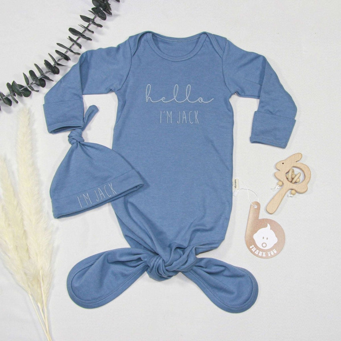 Personalized Knotted Gown Baby Clothes Must Haves, Gender Neutral Newborn Coming Home Outfit With Embroidered Name - BabiChic